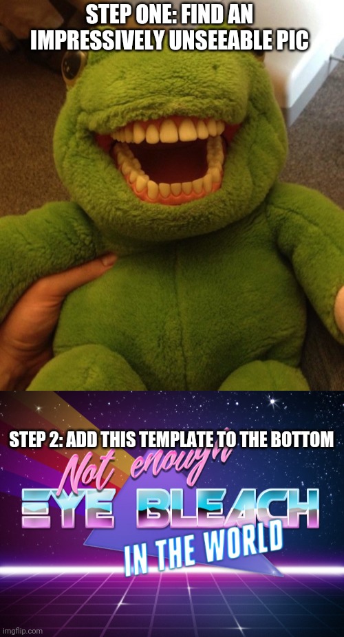 STEP ONE: FIND AN IMPRESSIVELY UNSEEABLE PIC; STEP 2: ADD THIS TEMPLATE TO THE BOTTOM | image tagged in not enough eye bleach in the world | made w/ Imgflip meme maker