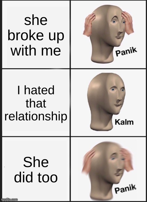 Panik Kalm Panik | she broke up with me; I hated that relationship; She did too | image tagged in memes,panik kalm panik | made w/ Imgflip meme maker