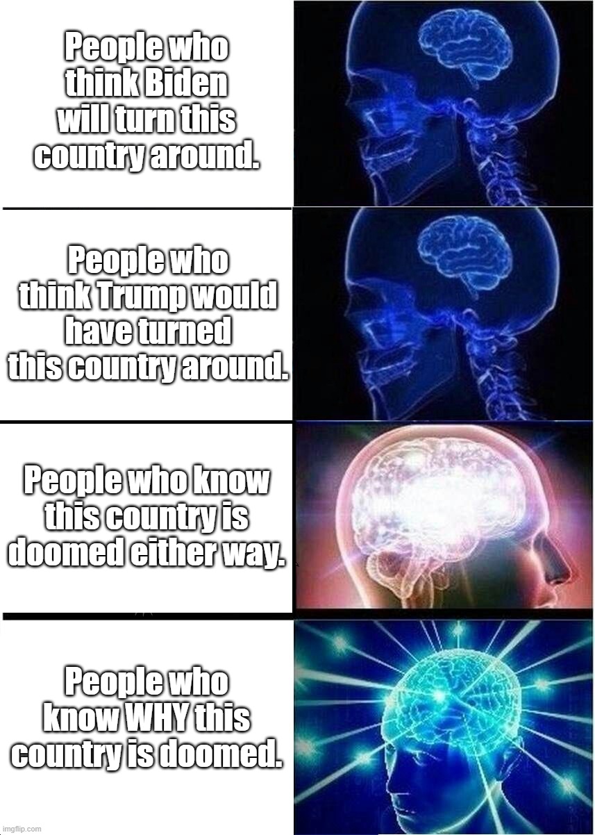Trump VS. Biden supporters | People who think Biden will turn this country around. People who think Trump would have turned this country around. People who know this country is doomed either way. People who know WHY this country is doomed. | image tagged in memes,expanding brain | made w/ Imgflip meme maker