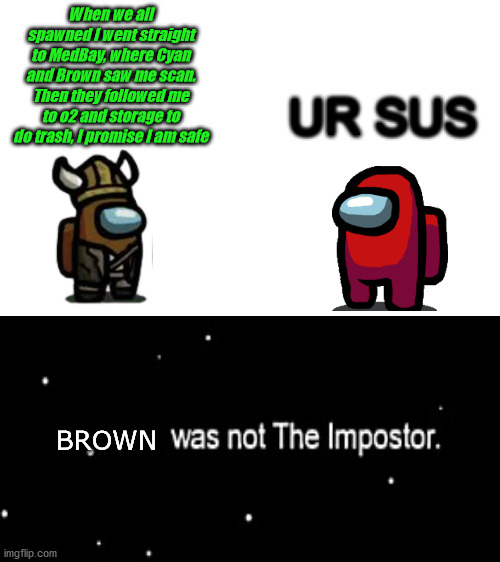 Blank White Template | When we all spawned I went straight to MedBay, where Cyan and Brown saw me scan. Then they followed me to o2 and storage to do trash, I promise I am safe; UR SUS; BROWN | image tagged in blank white template | made w/ Imgflip meme maker
