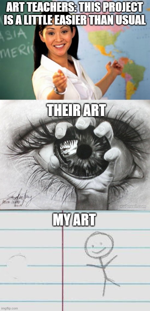 ART TEACHERS: THIS PROJECT IS A LITTLE EASIER THAN USUAL; THEIR ART; MY ART | image tagged in memes,unhelpful high school teacher,tag,tags,stop reading the tags,oh wow are you actually reading these tags | made w/ Imgflip meme maker