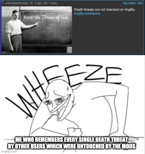 I'm literally wheezing rn because if you're gonna enforce the rules enforce them equally | ME WHO REMEMBERS EVERY SINGLE DEATH THREAT BY OTHER USERS WHICH WERE UNTOUCHED BY THE MODS | image tagged in wheeze | made w/ Imgflip meme maker