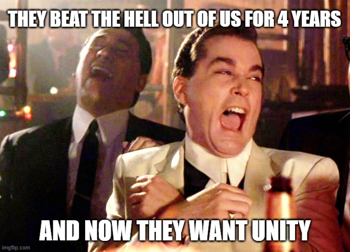 Good Fellas Hilarious | THEY BEAT THE HELL OUT OF US FOR 4 YEARS; AND NOW THEY WANT UNITY | image tagged in memes,good fellas hilarious | made w/ Imgflip meme maker