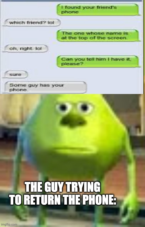 Sully Wazowski | THE GUY TRYING TO RETURN THE PHONE: | image tagged in sully wazowski | made w/ Imgflip meme maker