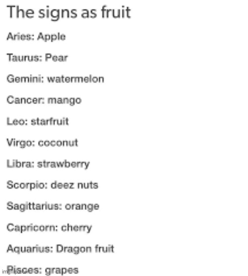 Damn right I’m a star XD | image tagged in zodiac,fruit,stars | made w/ Imgflip meme maker