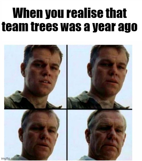 Matt Damon gets older | When you realise that team trees was a year ago | image tagged in matt damon gets older | made w/ Imgflip meme maker