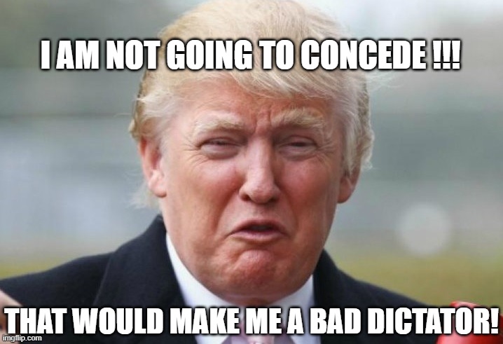 Dictator Trump Refuses to Concede | I AM NOT GOING TO CONCEDE !!! THAT WOULD MAKE ME A BAD DICTATOR! | image tagged in trump crybaby,election 2020,dictator,hitler,fail,sore loser | made w/ Imgflip meme maker