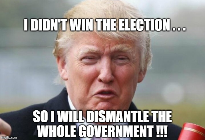 Trump Loses Election So Ruins Government | I DIDN'T WIN THE ELECTION . . . SO I WILL DISMANTLE THE
WHOLE GOVERNMENT !!! | image tagged in trump crybaby,election 2020,loser,government,white house,failure | made w/ Imgflip meme maker