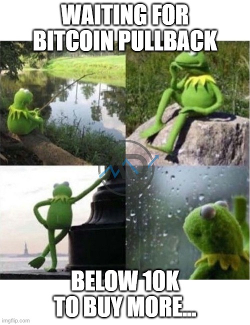 Bitcoin pullback | WAITING FOR BITCOIN PULLBACK; BELOW 10K TO BUY MORE... | image tagged in blank kermit waiting | made w/ Imgflip meme maker