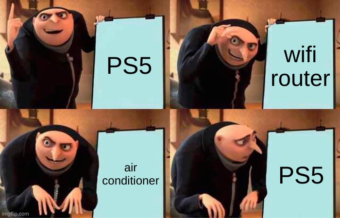 Gru's Plan | PS5; wifi router; air conditioner; PS5 | image tagged in memes,gru's plan | made w/ Imgflip meme maker