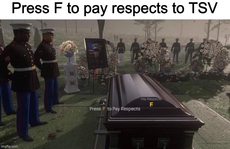 Suicide is a serious issue. Please don't commit suicide. | Press F to pay respects to TSV | image tagged in press f to pay respects | made w/ Imgflip meme maker