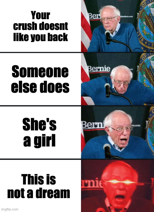 Bernie Sanders reaction (nuked) | Your crush doesnt like you back; Someone else does; She's a girl; This is not a dream | image tagged in bernie sanders reaction nuked | made w/ Imgflip meme maker