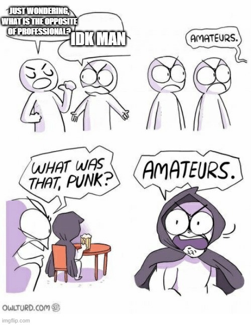 Amateurs | JUST WONDERING, WHAT IS THE OPPOSITE OF PROFESSIONAL? IDK MAN | image tagged in amateurs | made w/ Imgflip meme maker