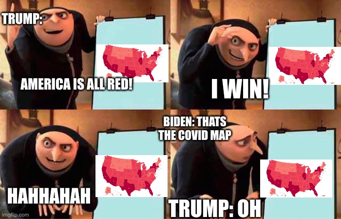 Gru's Plan | TRUMP:; I WIN! AMERICA IS ALL RED! BIDEN: THATS THE COVID MAP; HAHHAHAH; TRUMP: OH | image tagged in memes,gru's plan | made w/ Imgflip meme maker