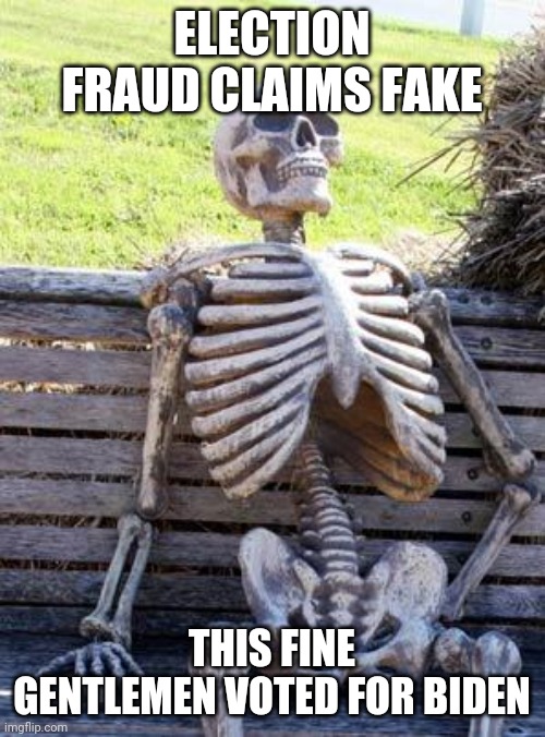 Waiting Skeleton | ELECTION FRAUD CLAIMS FAKE; THIS FINE GENTLEMEN VOTED FOR BIDEN | image tagged in memes,waiting skeleton | made w/ Imgflip meme maker
