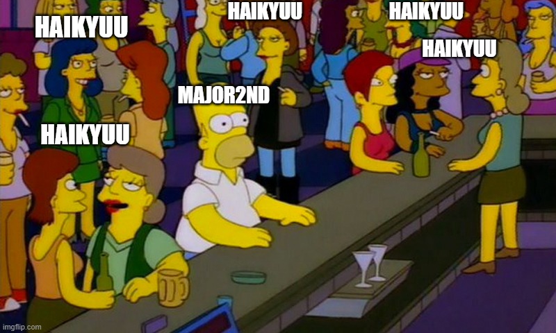 me | HAIKYUU; HAIKYUU; HAIKYUU; HAIKYUU; MAJOR2ND; HAIKYUU | image tagged in homer simpsons in bar | made w/ Imgflip meme maker