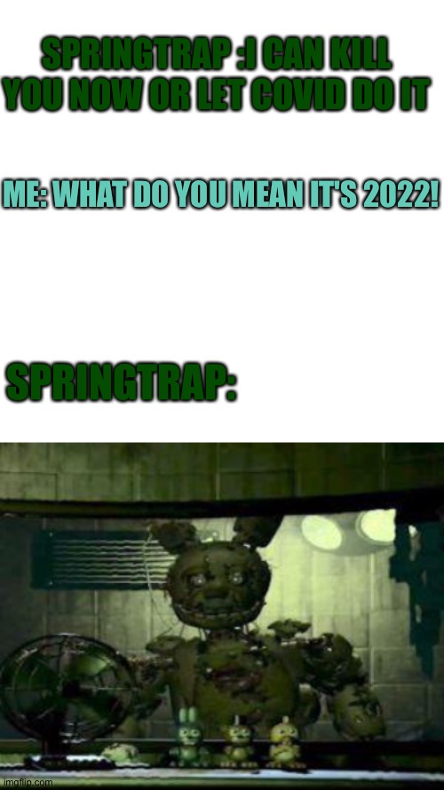 What do you mean? | SPRINGTRAP :I CAN KILL YOU NOW OR LET COVID DO IT; ME: WHAT DO YOU MEAN IT'S 2022! SPRINGTRAP: | image tagged in fnaf springtrap in window | made w/ Imgflip meme maker