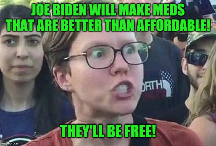 Triggered Liberal | JOE BIDEN WILL MAKE MEDS THAT ARE BETTER THAN AFFORDABLE! THEY'LL BE FREE! | image tagged in triggered liberal | made w/ Imgflip meme maker