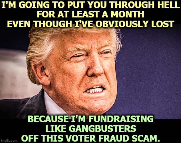 Where Trump is concerned, can the Benjamins be far behind?. | I'M GOING TO PUT YOU THROUGH HELL
FOR AT LEAST A MONTH
EVEN THOUGH I'VE OBVIOUSLY LOST; BECAUSE I'M FUNDRAISING LIKE GANGBUSTERS
OFF THIS VOTER FRAUD SCAM. | image tagged in trump,greed,voter fraud,scam | made w/ Imgflip meme maker