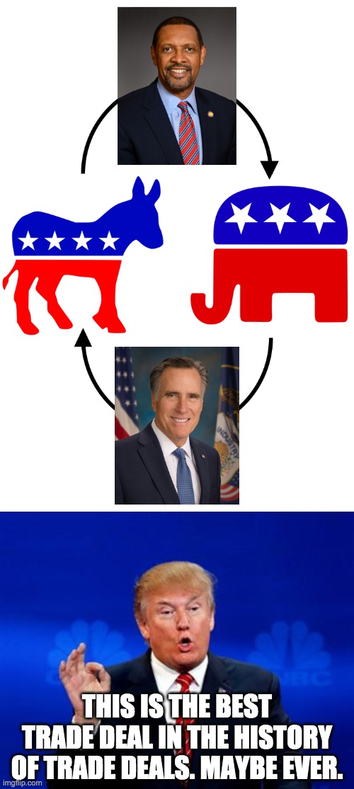 No matter which side you're on, you have to admit this works well. | THIS IS THE BEST TRADE DEAL IN THE HISTORY OF TRADE DEALS. MAYBE EVER. | image tagged in trump trade deal,memes,politics,mitt romney,democrats,republicans | made w/ Imgflip meme maker