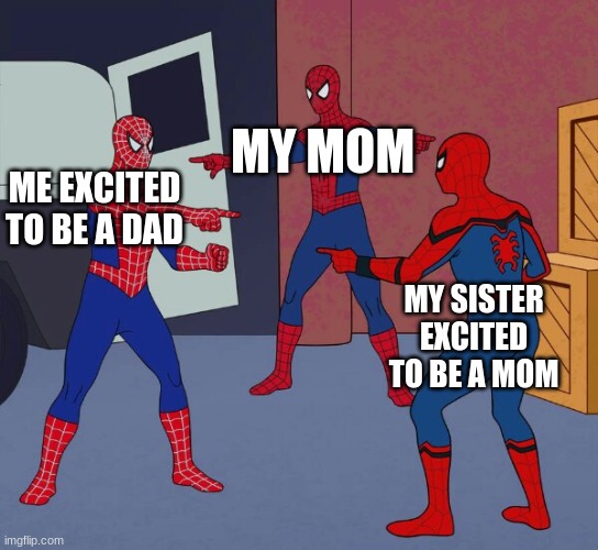 Spider Man Triple | MY MOM; ME EXCITED TO BE A DAD; MY SISTER EXCITED TO BE A MOM | image tagged in spider man triple | made w/ Imgflip meme maker