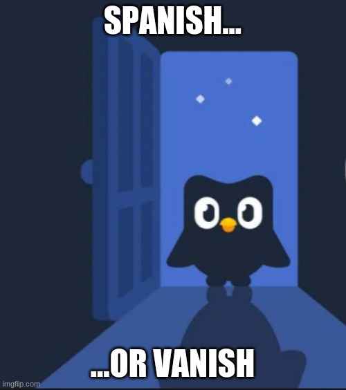 Duolingo bird | SPANISH... ...OR VANISH | image tagged in duolingo bird | made w/ Imgflip meme maker