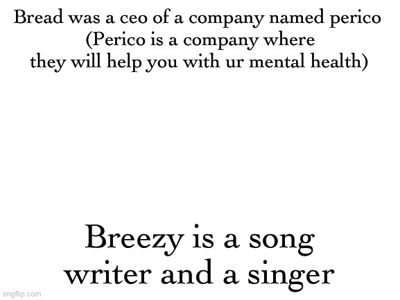 Blank White Template | Bread was a ceo of a company named perico 
(Perico is a company where they will help you with ur mental health); Breezy is a song writer and a singer | image tagged in blank white template | made w/ Imgflip meme maker