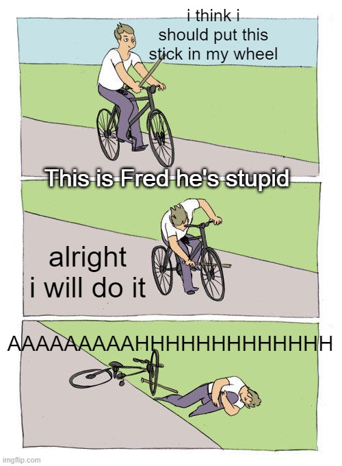 Fred is stupid. | i think i should put this stick in my wheel; This is Fred he's stupid; AAAAAAAAAHHHHHHHHHHHHH; alright i will do it | image tagged in memes,bike fall,funny | made w/ Imgflip meme maker
