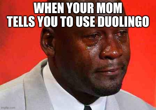 crying michael jordan | WHEN YOUR MOM TELLS YOU TO USE DUOLINGO | image tagged in crying michael jordan | made w/ Imgflip meme maker