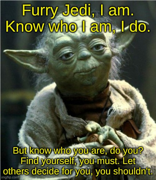 Know who you are. If you don't, find yourself. | Furry Jedi, I am. Know who I am, I do. But know who you are, do you? Find yourself, you must. Let others decide for you, you shouldn't. | image tagged in jedi master yoda | made w/ Imgflip meme maker