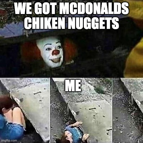 IT Clown Sewers |  WE GOT MCDONALDS CHIKEN NUGGETS; ME | image tagged in it clown sewers | made w/ Imgflip meme maker