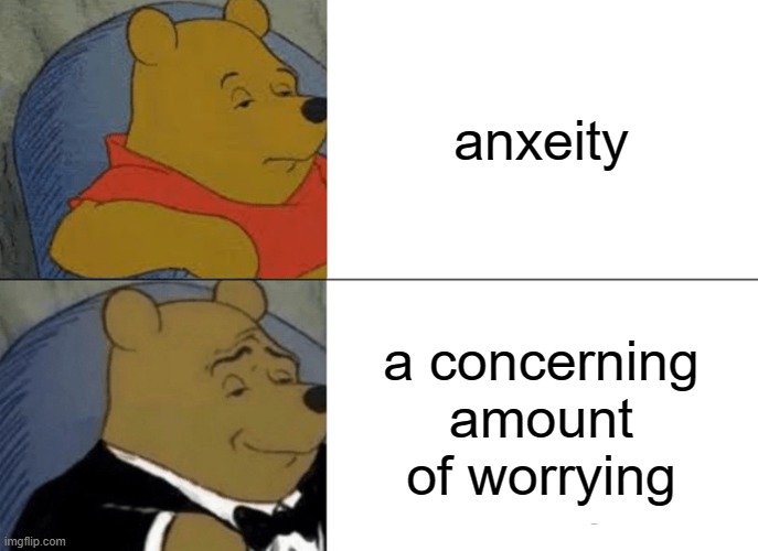 (zaddyboy) | anxeity; a concerning amount of worrying | image tagged in memes,tuxedo winnie the pooh | made w/ Imgflip meme maker