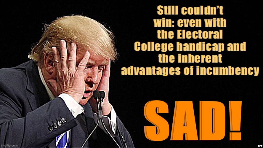 Electoral affirmative action doesn’t save them all. | Still couldn’t win: even with the Electoral College handicap and the inherent advantages of incumbency; SAD! | image tagged in trump sad,electoral college,trump 2020,2020 elections,election 2020,election | made w/ Imgflip meme maker