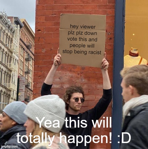 hey viewer plz plz down vote this and people will stop being racist; Yea this will totally happen! :D | image tagged in memes,guy holding cardboard sign | made w/ Imgflip meme maker