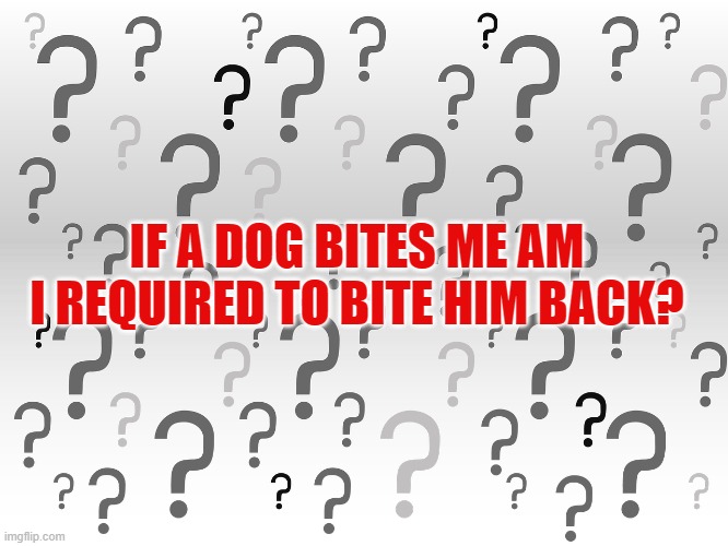 Question Mark Background | IF A DOG BITES ME AM I REQUIRED TO BITE HIM BACK? | image tagged in question mark background | made w/ Imgflip meme maker