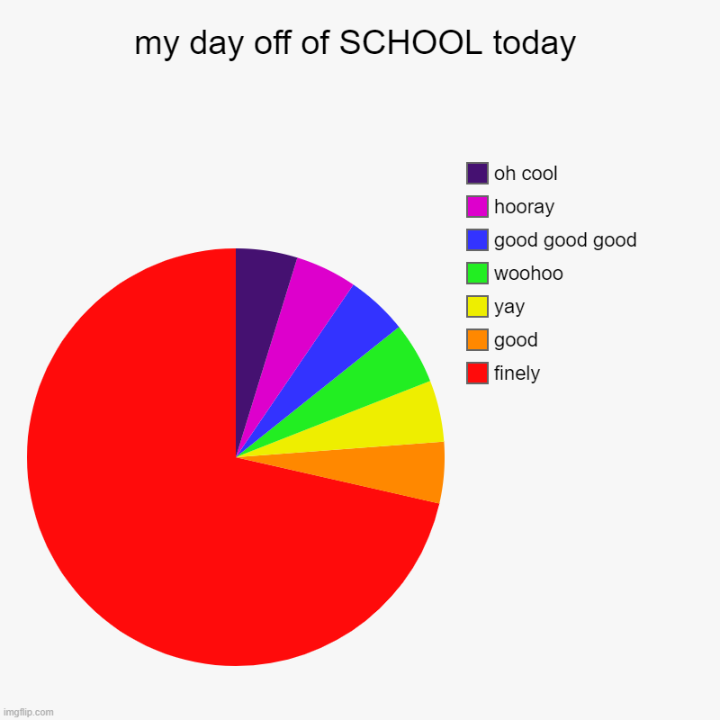 no school today | my day off of SCHOOL today | finely, good, yay, woohoo, good good good, hooray, oh cool | image tagged in charts,pie charts | made w/ Imgflip chart maker