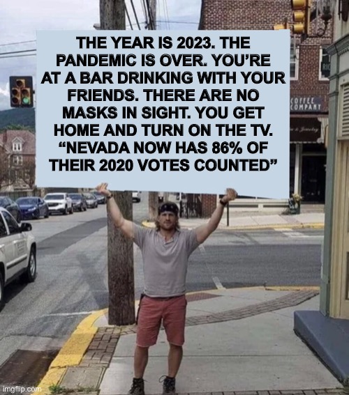 Counting is hard | THE YEAR IS 2023. THE
PANDEMIC IS OVER. YOU’RE
AT A BAR DRINKING WITH YOUR
FRIENDS. THERE ARE NO
MASKS IN SIGHT. YOU GET
HOME AND TURN ON THE TV.
“NEVADA NOW HAS 86% OF
THEIR 2020 VOTES COUNTED” | image tagged in man holding sign,election,votes,count,2020,slow | made w/ Imgflip meme maker