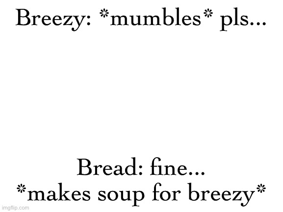 Blank White Template | Breezy: *mumbles* pls... Bread: fine... *makes soup for breezy* | image tagged in blank white template | made w/ Imgflip meme maker