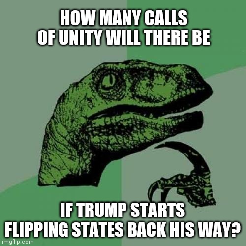 Philosoraptor | HOW MANY CALLS OF UNITY WILL THERE BE; IF TRUMP STARTS FLIPPING STATES BACK HIS WAY? | image tagged in memes,philosoraptor | made w/ Imgflip meme maker
