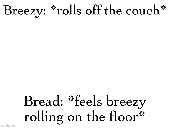 Blank White Template | Breezy: *rolls off the couch*; Bread: *feels breezy rolling on the floor* | image tagged in blank white template | made w/ Imgflip meme maker
