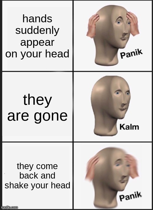 Panik | hands suddenly appear on your head; they are gone; they come back and shake your head | image tagged in memes,panik kalm panik | made w/ Imgflip meme maker