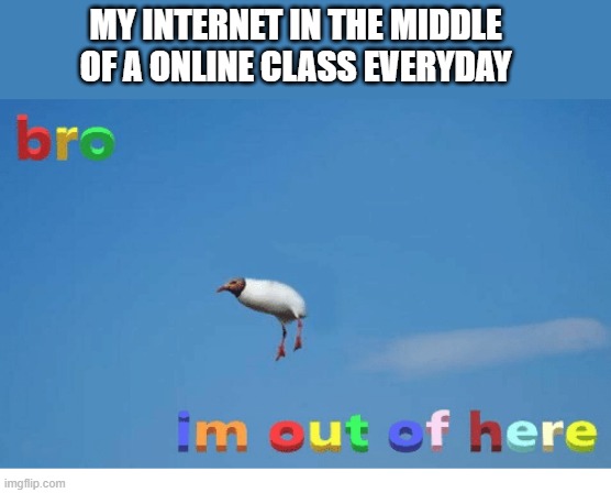Bro I'm out of here | MY INTERNET IN THE MIDDLE OF A ONLINE CLASS EVERYDAY | image tagged in bro i'm out of here | made w/ Imgflip meme maker