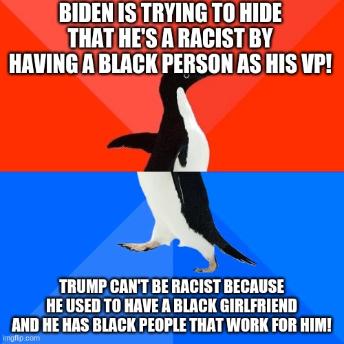 Socially Awesome Awkward Penguin Meme | BIDEN IS TRYING TO HIDE THAT HE'S A RACIST BY HAVING A BLACK PERSON AS HIS VP! TRUMP CAN'T BE RACIST BECAUSE HE USED TO HAVE A BLACK GIRLFRI | image tagged in memes,socially awesome awkward penguin | made w/ Imgflip meme maker