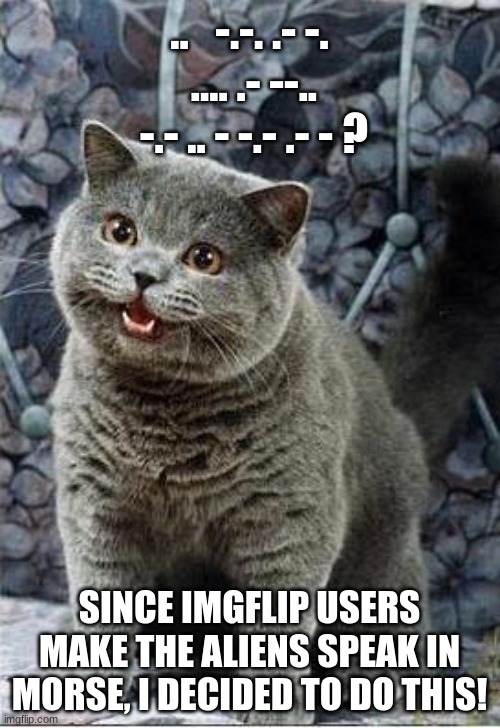 I can has cheezburger cat | ..   -.-. .- -.   .... .- --..   -.- .. - -.- .- - ? SINCE IMGFLIP USERS MAKE THE ALIENS SPEAK IN MORSE, I DECIDED TO DO THIS! | image tagged in i can has cheezburger cat | made w/ Imgflip meme maker