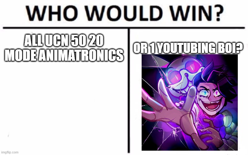 Who will? | ALL UCN 50 20 MODE ANIMATRONICS; OR 1 YOUTUBING BOI? | image tagged in memes,who would win | made w/ Imgflip meme maker