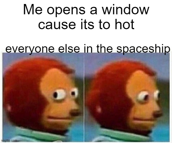 Monkey Puppet | Me opens a window cause its to hot; everyone else in the spaceship | image tagged in memes,monkey puppet | made w/ Imgflip meme maker
