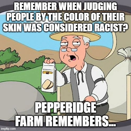 Pepperidge Farm Remembers | REMEMBER WHEN JUDGING PEOPLE BY THE COLOR OF THEIR SKIN WAS CONSIDERED RACIST? PEPPERIDGE FARM REMEMBERS... | image tagged in memes,pepperidge farm remembers | made w/ Imgflip meme maker