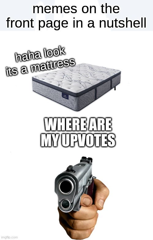 no offense to person who made the mattress thing | memes on the front page in a nutshell; haha look its a mattress; WHERE ARE MY UPVOTES | image tagged in memes,marked safe from | made w/ Imgflip meme maker