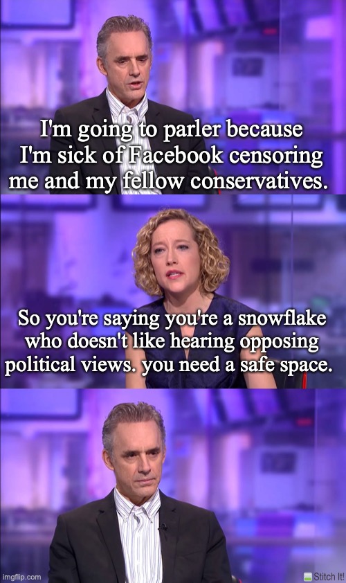 Cathy Newman | I'm going to parler because I'm sick of Facebook censoring me and my fellow conservatives. So you're saying you're a snowflake who doesn't like hearing opposing political views. you need a safe space. | image tagged in cathy newman | made w/ Imgflip meme maker
