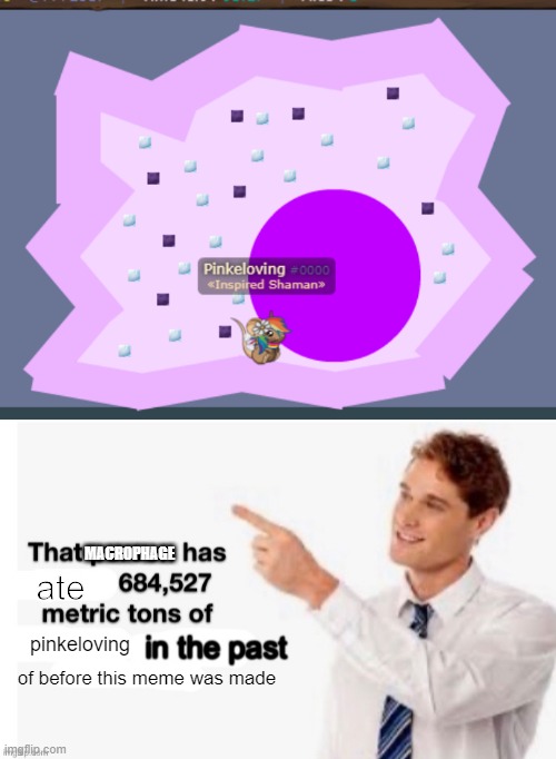 MACROPHAGE; ate; pinkeloving; of before this meme was made | image tagged in macrophage eats pinkeloving,that person has x 684527 metric tons of y in the past z | made w/ Imgflip meme maker